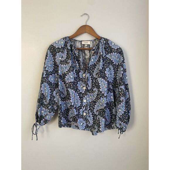 J Crew Collection tie-sleeve button-front top Ratti Pacific Blue Paisley S NWOT - Picture 1 of 9